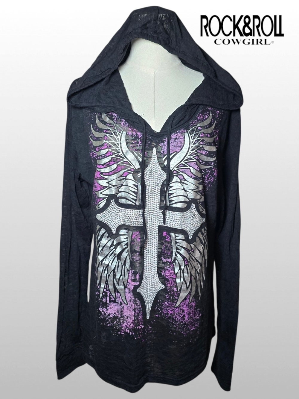 ROCK & ROLL COWGIRL Black Hooded Cross Print Top- XXLarge